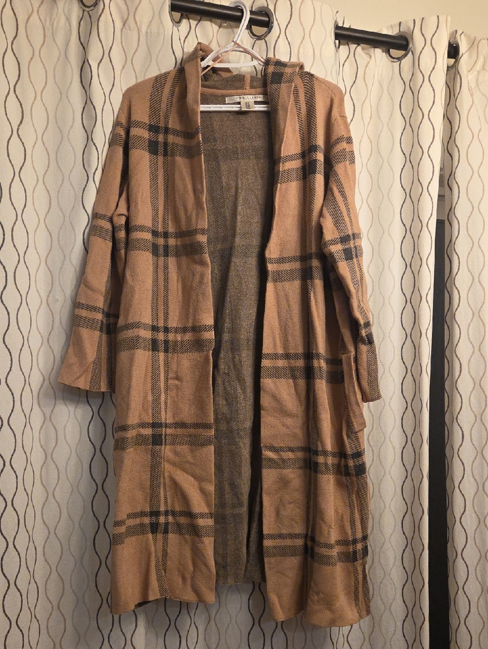 Max Studio Tan and Black Plaid Long Open Cardigan